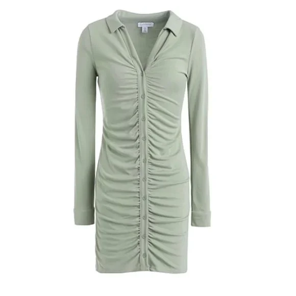 green ruched button dress Mariella Ruched Button Down Mini Dress Green main image 0